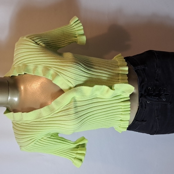 BCBGeneration Lime Green Ribbed Knit Button Up Sweater - Picture 2 of 6